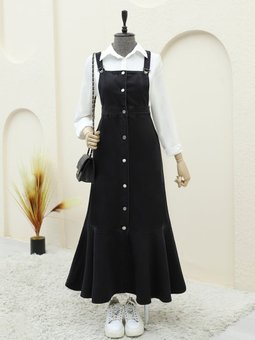 Siyah Önden Düğmeli Yan Cepli Eteği Fırfırlı Kot Jile