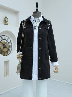 Siyah Taş İşlemeli Yıkamalı Kot ceket