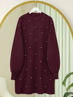 Taş Detaylı Kare Desenli Triko Bordo Tunik