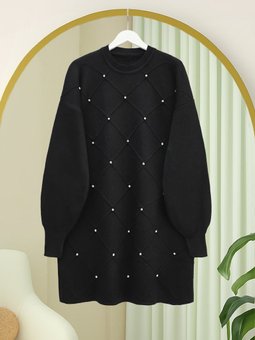 Taş Detaylı Kare Desenli Triko Siyah Tunik