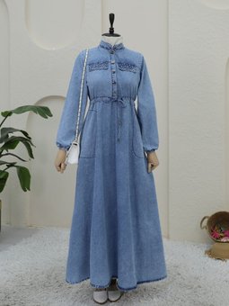 Taşlı Cep Detaylı Tünel Bağcıklı Kot Buz Mavi Elbise