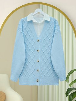 V Yaka Büyük Düğmeli Desenli Triko Bebe Mavi Hırka