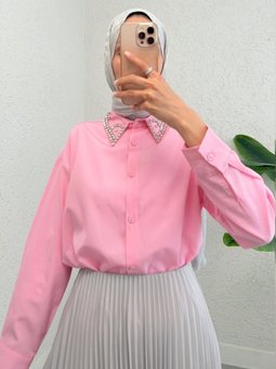 Yakası Taş Detaylı Düğmeli Salaş Pembe Gömlek