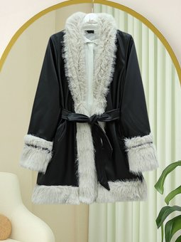 Yakası Ve Kolu Kürklü Astarlı Kemerli Deri Siyah Ceket