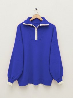 Yarım Fermuarlı Boğazlı Triko Saks Mavisi Tunik