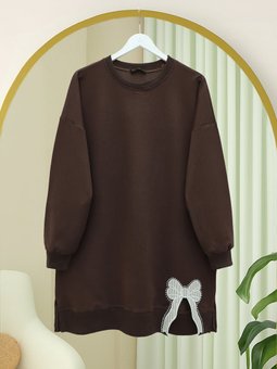 Yuvarlak Yaka Eteği Fiyonk Detaylı Salaş Penye Kahve Tunik