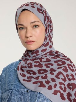 Pure Tone Bordo Şal Leopar Desen Gümüş