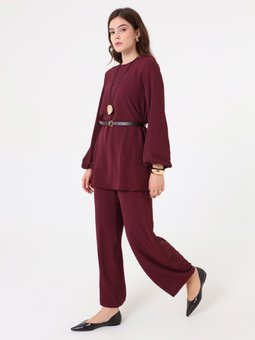 Balon Kollu Kemer Detaylı Basic Tunik & Pantolon İkili Mürdüm Takım