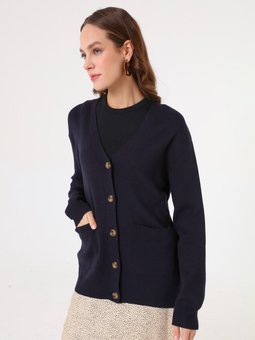 Cep Detaylı V Yaka Triko Lacivert Hırka