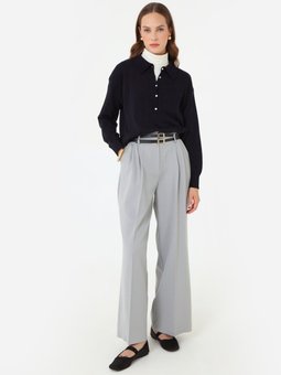 Çift Kemerli Palazzo Kalıp Dokuma Gri Pantolon