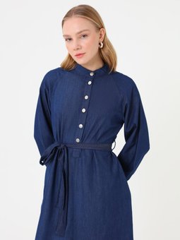 Denim Reglan Kollu Kuşaklı Koyu Mavi Elbise