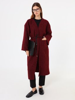 Deri Kemer Detaylı Kalın Bordo Hırka