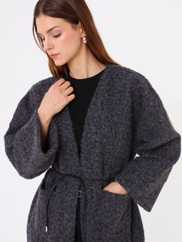 Deri Kemer Detaylı Kalın Gri Hırka