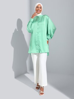 Düğmeli Saten Yeşil Tunik