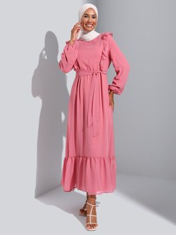 Fırfır Detaylı Astarlı Şifon Koyu Gül Elbise