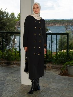 Gold Düğmeli Kruvaze Kapama Siyah Elbise