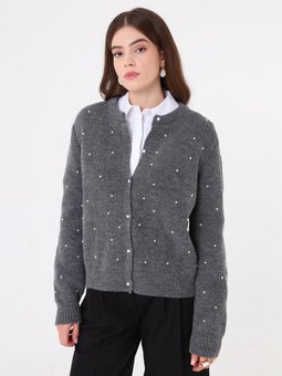 İnci Detaylı Bisiklet Yaka Düğmeli Triko Koyu Gri Hırka