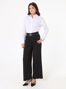 Kemerli Yüksek Bel Önü Pili Detaylı Bol Paça Siyah Pantolon