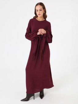 Kolları Pile Detaylı Mürdüm Elbise