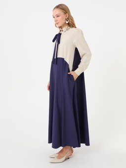 Kontraslı Fiyonk Detaylı Taş Elbise Lacivert