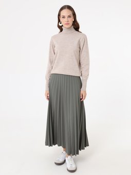 Krep Kumaşlı Piliseli Klasik Haki Etek