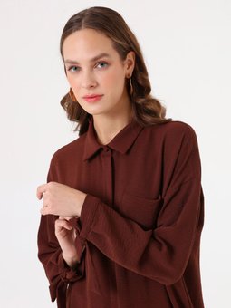 Manşeti Bağlama Detaylı Cepli Acı Kahve Tunik