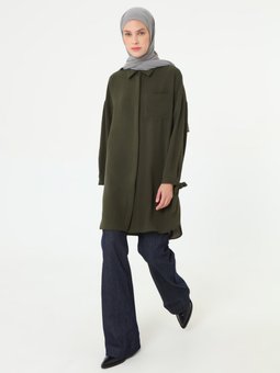 Manşeti Bağlama Detaylı Cepli Haki Tunik