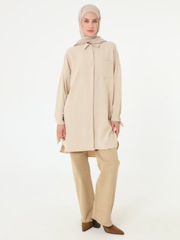 Manşeti Bağlama Detaylı Cepli Tas Rengi Tunik