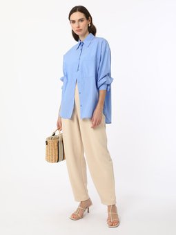 Önü Pile Detaylı Yumuşak Tuşeli Yüksek Bel Taş Rengi Pantolon