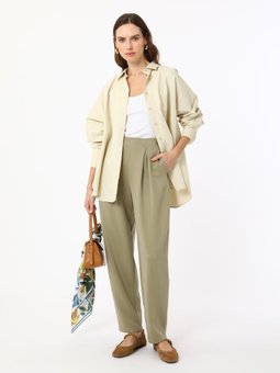 Önü Pile Detaylı Yumuşak Tuşeli Yüksek Bel Yeşil Pantolon