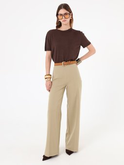 Palazzo Kalıp Yandan Fermuarlı Klasik Açık Haki Pantolon