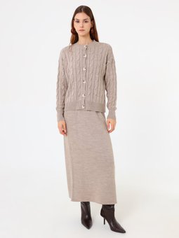 Saç Örgü Desenli Hırka & Etek Triko Vizon Takım