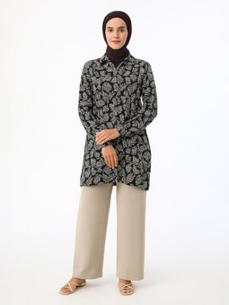 Siyah Beyaz Yaprak Desenli Viskoz Baskılı Tunik