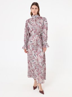 Yakası Gipeli Şal Desenli Saten Pudra Elbise