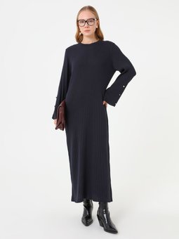 Zarif Düğme Detaylı Triko Lacivert Elbise