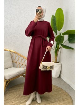 İki İplik Kuşaklı Bordo Elbise
