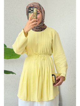 Nervür Detaylı Sarı Tunik