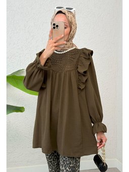 Omuz Fırfır Detaylı Kahverengi Tunik