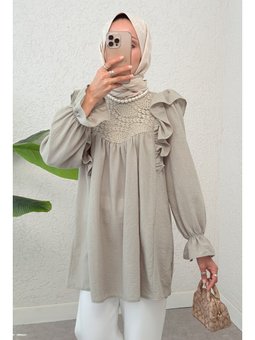 Omuz Fırfır Detaylı Koyu Bej Tunik