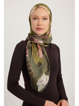 Gizli Bahçe Yeşil Aurora Desenli Janjan 90x90 Cm Eşarp