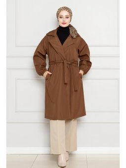 Kruvaze Yaka Kolu Lastikli Taba Trençkot