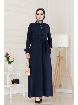 Önü Fermuar Detaylı İki İplik Lacivert Elbise