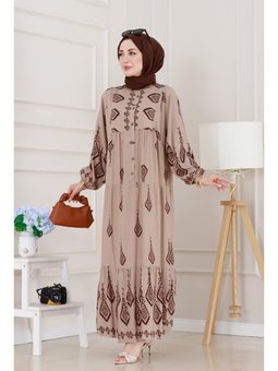 Yarım Düğmeli Robalı Eslem Vizon Elbise