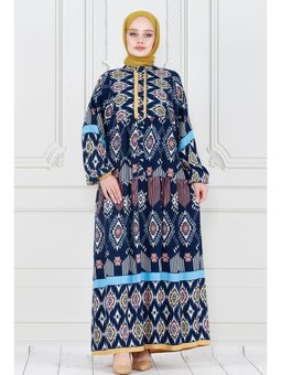 Yarım Düğmeli Robalı İkat Desen Lacivert Elbise