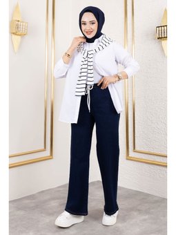 Bol Paça Beli Lastikli Koyu Mavi Kot Pantolon