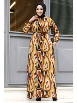 Desenli Beli Kuşaklı Hardal Elbise