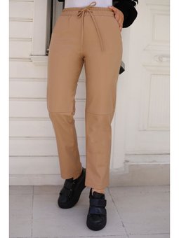 Dizi Dikişli Beli Bağcıklı Ve Lastikli Deri Taba Pantolon