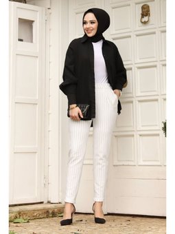 Double Paça Çizgili Havuç Beyaz Pantolon