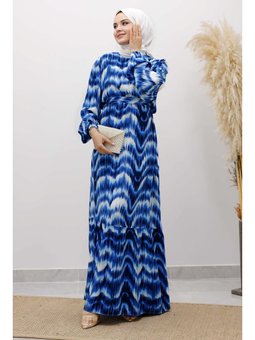 Eteği Volanlı Sulu Boya Desenli Viskon İndigo Elbise