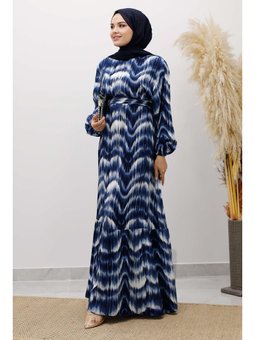 Eteği Volanlı Sulu Boya Desenli Viskon Lacivert Elbise